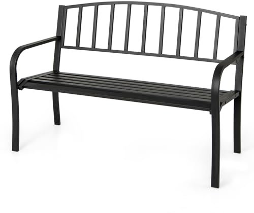 RELAX4LIFE Panchina in Metallo, Panchina da Giardino con Schienale, Braccioli Curvi, Seduta a Doghe per 2-3 Persone, Arredo da Esterno Robusto per Cortile, Bordo Piscina, Parco (127×59×85,5cm)