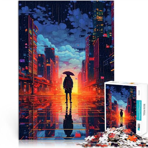 Puzzle für Erwachsene mit 1000 Teilen Entspannungsspiele Rain City Pixel 16bit Art Geeignet für die Schreibtischdekoration38x26cm