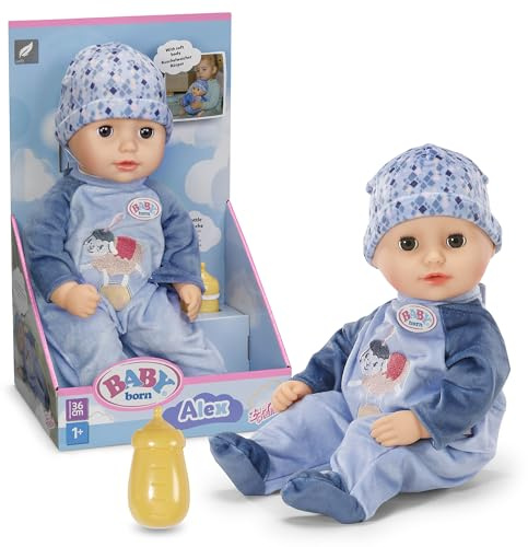 BABY Born Alex mit blauem Strampler, weiche 36cm große Babypuppe mit Stoffkörper und Schlafaugen inkl. Fläschchen