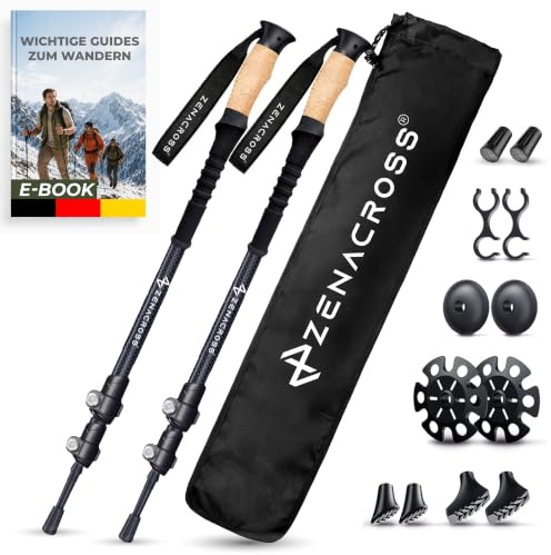 Zenacross® Bastoncini Trekking Telescopici Carbonio - Bastoni Trekking Regolabili per Uomo e Donna, Ultra leggero, con Manico in Sughero Naturale