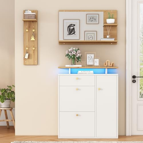 staronce Lot de 3 porte-manteau de couloir avec LED - Porte-manteau avec miroir et armoire à chaussures, porte-manteau avec 4 crochets et étagère à chapeaux - Porte-manteau compact pour couloirs