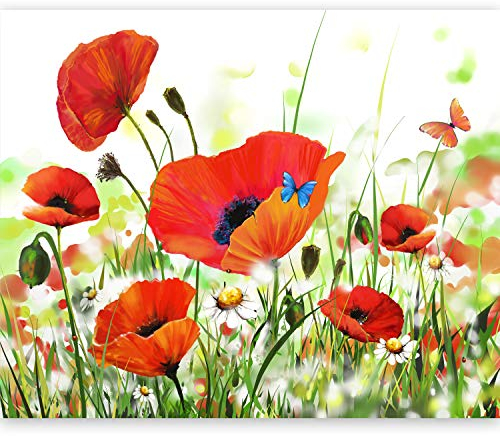Fototapete - Tapete Natur 250x193cm - Foto Tapete Schlafzimmer Wohnzimmer Moderne Vliestapete XXL Wandtapete Motivtapeten 3d Effekt Wand Dekoration - Mohnblumen Wiese Pflanzenmotiv Schmetterling