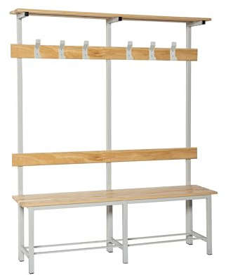 Simon Rack Banco Vestuario Madera Pino Barnizado, 1500x1800x350 mm (Alto*Ancho*Largo), Banco con Perchero, Estructura Acero, Desmontado, Simonlocker