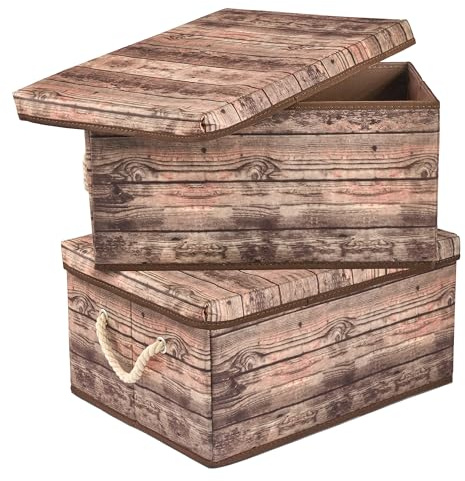 Sorbus Storage Box Set with Lid, Carry Handles, Foldable Frame, Rustic Wood Grain Print Bins, Great for Toys, Memorabilia, Closet, Office, Bedroom, 2-Pack (Wood Box Set - Brown)