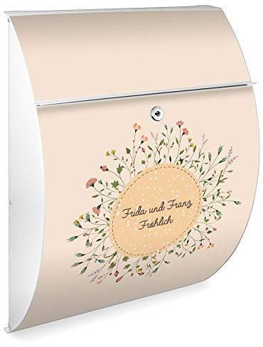 Burg Wächter Design Briefkasten | Modell Riviera 46cmx33,5cmx13cm groß | verzinkter Stahl Weiß | Postkasten mit Öffnungsstopp, großer A4 Einwurf, Zylinderschloss, 2 Schlüssel | Motiv WT Blumenkranz