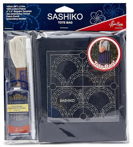 Sew Easy Sashiko Kit – 36 x 42cm Tote Bag Kit, Complete Set with Thread Fabric Templates Pencil Needles Instructions