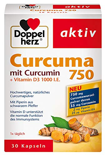Doppelherz Curcuma 750 mit Curcumin + Vitamin D3 1000 I.E. – mit Vitamin D als Beitrag für die normale Funktion des Immunsystems – 1 x 30 Kapseln