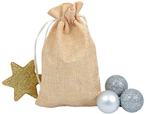 Adventskalender Beutel Bunt Geschenkbeutel Jutesäckchen Stoff Weihnachten Stoffbeutel Säckchen Stoffsäckchen mit Kordelzug (beige)