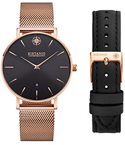 Kistanio Moyen Damenuhr mit Saphirglas und Milanaiseband + Extra Lederband RG-BLKS-M-L-BK