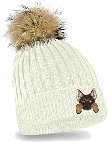 Blackshirt Company Kinder Mütze Schäferhund Strickmütze mit Bommel Beanie Kappe Farbe Weiß
