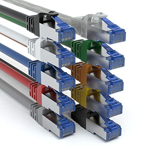 JAMEGA - 10 Stück - 1,5m CAT 7 Netzwerkkabel Gigabit Ethernet LAN Kabel in 9 Farben | 10000 Mbit s | Patchkabel Cat.7 Rohkabel SFTP PIMF Schirmung RJ45 Stecker | Switch Router Modem Access Point