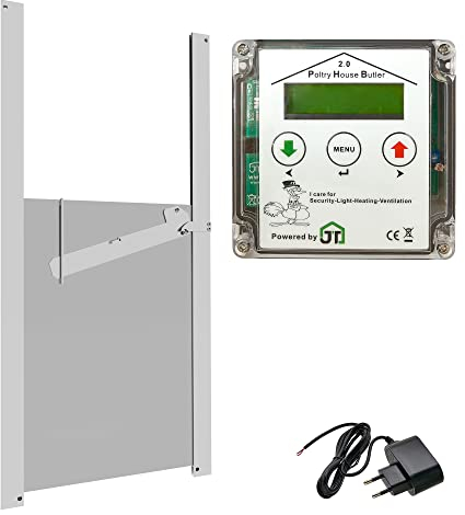 JOSTechnik Poultry House Butler PHB2 mit Steckernetzteil Hühnerklappe mit Selbstverriegelung 230x340 mm Klappensteuerung, Lichtsteuerung, Lichtsimulation, steuert Lüftung und Heizung im Stall
