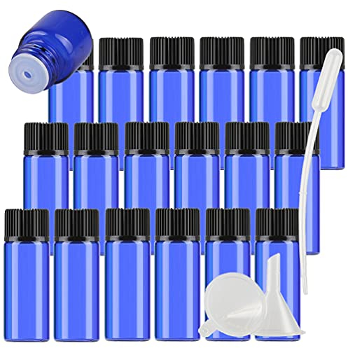 TIANZD 25Pcs 5ml Empty Blue Glass Vial Essential Oil Bottles with Orifice Reducer and Black Cap for Cosmetic Essential Oils Chemistry Lab Chemicals Colognes Perfume Aromatherapy