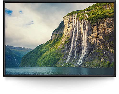 BilderKing Wandbild Wasserfall Norwegen - 180cm x 120cm Leinwand auf 2cm Keilrahmen mit Schattenfugenrahmen schwarz