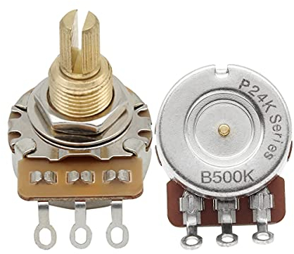 FLEOR Long Brass Shaft Control Pots B500K Linear Taper Potentiometers 24 Spline Split Shaft D3/8 for Electric Guitar Control Volume Tone, Pack of 2