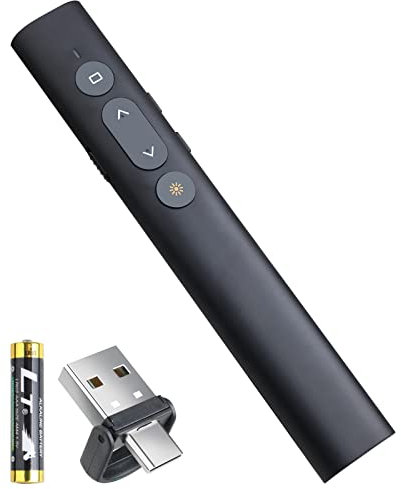 Präsentationsklicker, Präsentations-Fernbedienungen, Typ C/USB A, 2-in-1-Zeiger, PowerPoint-Clicker, USB/Typ-C für Computer-Dia-Advancer, Lautstärkeregler/Hyperlink/Schalterfenster (Batterie im