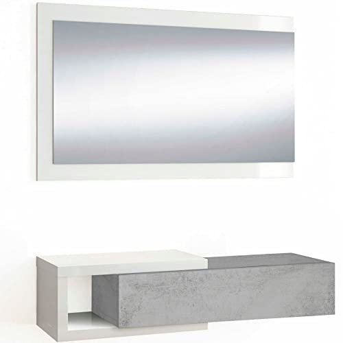 Mobelcenter - Recibidor con Espejo y Cajón - Mueble de Entrada Estilo Moderno - Mueble de Recibidor Color Blanco Artik y Cemento - Medidas: Ancho: 95 cm x Fondo: 26 cm x Alto: 19 cm - (1263)