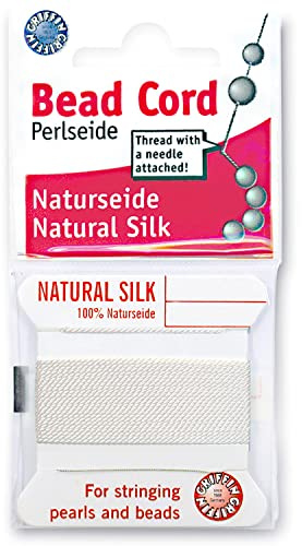Griffin Silk Bead Cord Perlseide – White Color – Size 10 (0.90mm) – 2 Meters per Card – Stainless Steel Needle Attached – for Knotting Pearls, Gemstones, Crystals and Beads