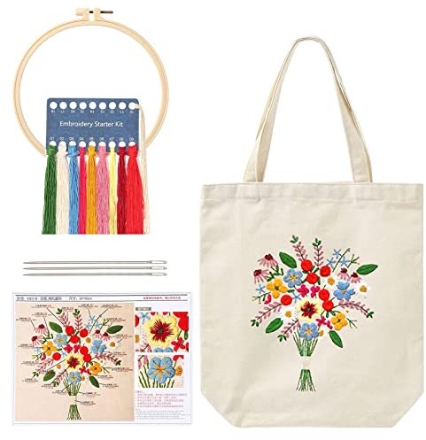 Canvas Tote Bag Embroidery Kits, with Floral Pattern, Embroidery Starter Kit for Beginners, with Bamboo Embroidery Hoop, Tote Bag, Color Threads, Instructions, DIY Cross Stitch Kits for Adults (White)