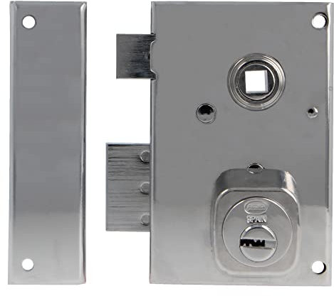 Amig - Cerradura de Sobreponer de Izquierda con Palanca de Cierre, Lengüeta y Cuadradillo para Puertas de Madera Mod. 75N - 72 x 112 mm - Cilindro Redondo de Seguridad - Acero Plateado