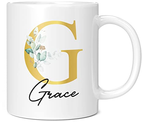 Personalised Letter G Floral Mug Initial with Name, Customised Gift, Gold Effect Printed Letter, NOT Metallic - Ceramic Coffee Cup for Men or Women, Extra Large and Giant Mug, 11oz White Cup
