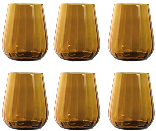 Livellara Milano Tumbler 400 ml en verre, lot de 6, verres à eau colorés et détails, couleur ambre, collection : Renaissance