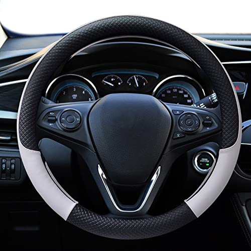 Tuqiang Leder Lenkradabdeckung, Universal 38CM (15inch), Atmungsaktiv Lenkradhüllen, Anti-Rutsch Lenkradbezug, schwarz und weiß