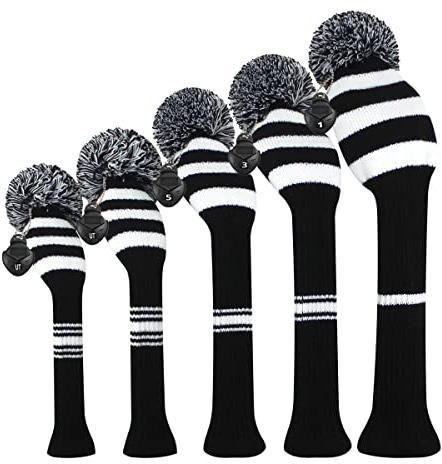 Scott Edward Golfschläger-Abdeckung mit Pom Pom Set von 3/4/5 für Hölzer und Fahrer, schützt Fahrer, Holz, Holz und Hybrid/UT mit drehbaren Schlägernummernschildern (schwarz-weiß, Schlangenstreifen)