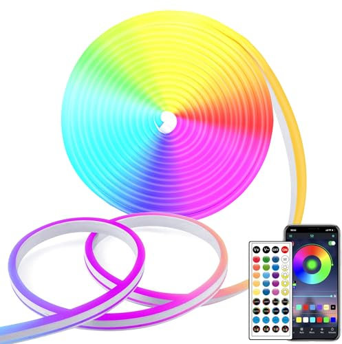 segrass 5M LED Strip with Remote/APP Control, 24V RGB LED Rope Light IP65 Waterproof Flexible Neon LED Strip Lights for Bedroom, Room, Outdoors Decor