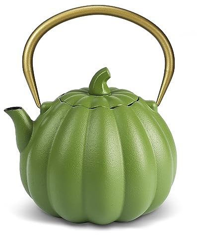 VICSKY Pumpkin Cast Iron Teapot (40 oz/1200 ml), Cute Natural Pumpkin Shape, Cast Iron Tea Kettle with Enamel Coated for Loose Tea Leaf, Stovetop Safe(Light Green)