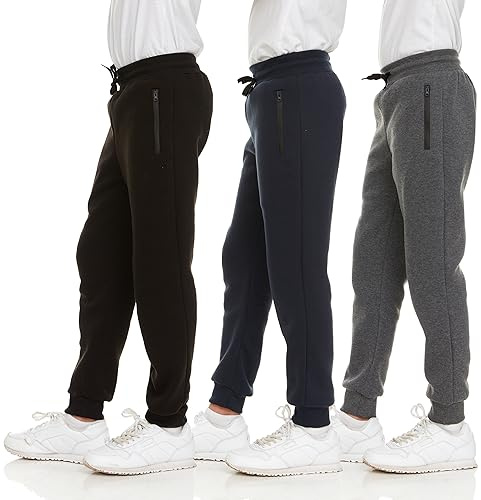 PURE CHAMP 3Pk Boys Sweatpants Fleece Athletic Workout Kids Clothes Boys Joggers with Zipper Pocket and Drawstring Size 4-20 (SET2 Size 14/16)