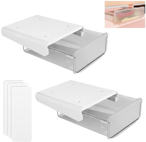 AKOLAFE 2 Stück Schublade unter Schreibtisch Weiß Unterbau Schublade Versteckte Selbstklebende Schreibtisch 20x17x7cm Kunststoff Schreibtischschublade Organizer für Büro Tisch Studieren Zuhause