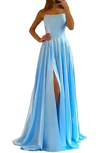 xxxiticat Damen Elegant Lange Ballkleider Satin A-Linie Hochzeitskleid Abendkleider Sexy Neckholder Spaghetti Brautkleid Kleider Lang Prinzessin Brautjungfer Kleid(AQ,M)