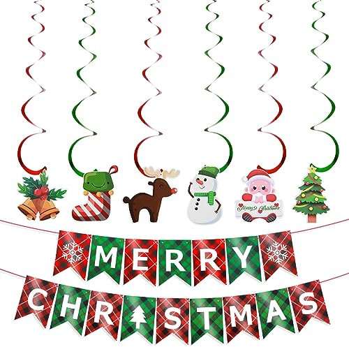 Amaxiu CHRISTMAS Wimpel Girlande, Frohe Weihnachten rot grün kariertes Weihnachtsbanner mit Spiralbändern Innenbereich Weihnachtsschilder Urlaub Weihnachtsparty hängendes dekoratives für Wand Kamin