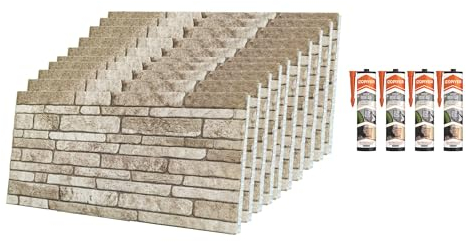IZODEKOR Lot de 10 panneaux muraux 3D en polystyrène imitation pierre, Pour cuisine, balcon, chambre à coucher, salon et crédence de cuisine, Crème de rêve, avec 4 adhésifs de montage