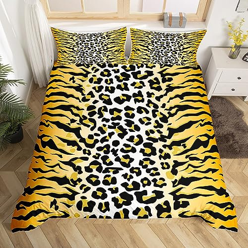 Leopard Print Bettbezug Set S Größe,Gepard Zebra Haut Streifen Patchwork Bettwäsche Set,Kinder Mädchen Frau Zimmer Dekor,Rustikale Bauernhaus Tröster Abdeckung,Gelb helle Quilt Cover,1 Kissenbezug