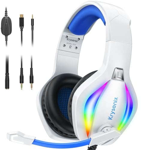 Krysenix PG1 RGB Gaming Headset per PS4/PC/Xbox/Nintendo Switch, PS5 Headset con microfono, cuffie da gioco con microfono, cuffie a cancellazione di rumore con jack da 3,5 mm, bianco/blu