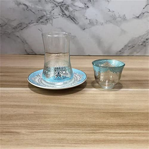 ROLTIN Service à thé Turc avec soucoupes Tasse à café Tasse à thé en Verre Exotique Romantique Bleu Or Boire 3 pièces
