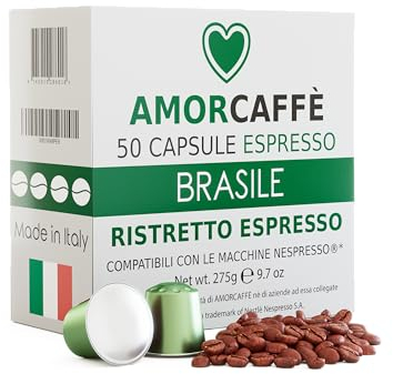 Amorcaffe 50 Aluminium Capsules Compatible with Nespresso Pods - Brasile Ristretto Espresso