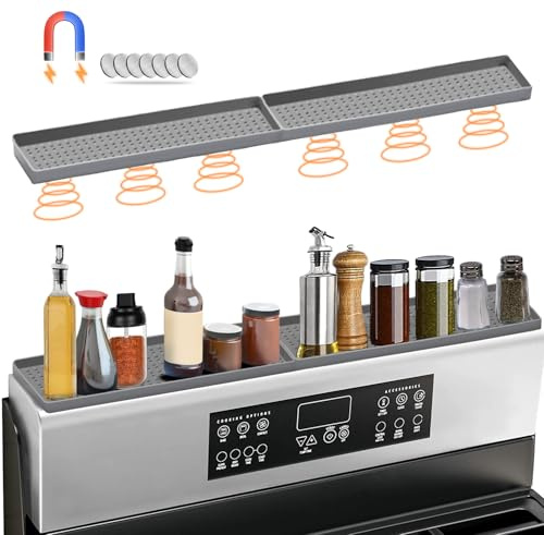 BFONS 76,2 cm magnetisches Herdregal Gewürzregal, Silikon, Oberhitze-Material, Herdregal, flexibel, Gewürz-Organizer, Küchenregale, Gadgets mit 2 funktionalen Vorrichtungen für die Küche (grau)