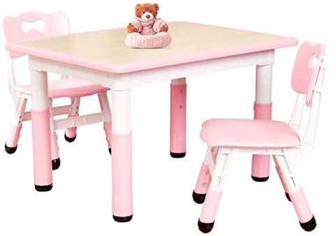 FUNLIO Kinderzimmertisch & -stuhlsets, höhenverstellbar für Kinder im Alter von 3-8 Jahren, leicht abwischbarer Kunsttisch, für Innen- und Außenbereich, CPC-geprüft (3-teilig) - Rechteck-Rosa