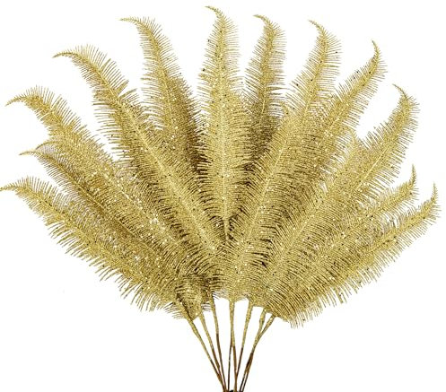 Oairse 8 Pcs Christmas Tree Picks and Sprays Gold Glitter Christmas Picks 28 Christmas Glitter Feathers Leaves Stems for Christmas Tree Filler Branches Wreaths Centerpieces Holiday Decorations