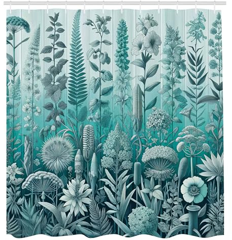 ABAKUHAUS Türkisblau Duschvorhang, Botanisches Lavendel und blättriges florales auf grünem Ombre Hintergrund, Stoffliches Gewebe mit Haken, 175 x 200 cm, Blasses Türkis Seegras