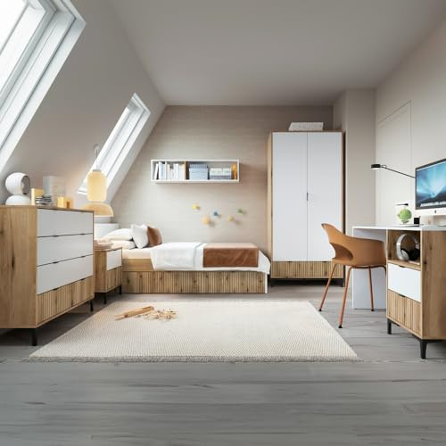 Lomadox Jugendzimmer Komplett Set 6-teilig mit Schreibtisch, Kleiderschrank, Nachttisch, Kommode, Wandregal und Bett 120x200 cm in Eiche mit weiß
