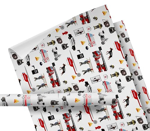 Geschenkpapier Kinder – Motiv: Feuerwehr & Polizei, weiß – für Geschenke zum Geburtstag oder Weihnachten – Geschenkpapier für Mädchen und Jungen – Rolle: 47 cm breit, 3 m lang - Geschenkverpackung