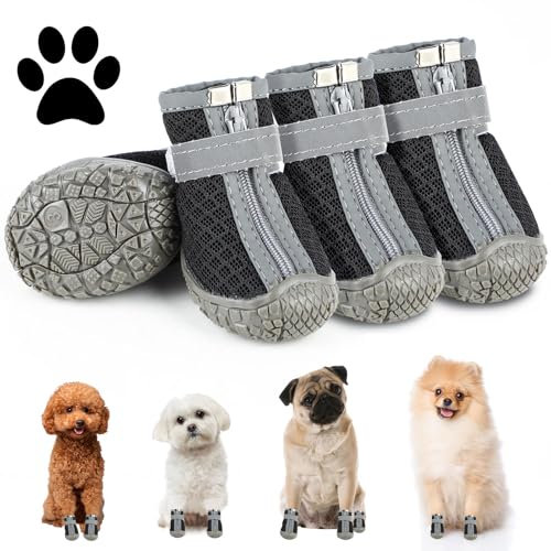 Hundeschuhe Pfotenschutz Outdoor Sommer, 4 Stück Pfotenschutz Hund mit Reflektierendem Klettverschluss, atmungsaktive Hundestiefel, Verstellbarer Hunde Schuhe für Kleine Mittlere Hunde (Schwarz, 3)