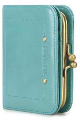 Contacts RFID für Damen mit Kuss-Blockierung, faltbare Geldbörse aus echtem Leder mit Reißverschlusstasche, Kartenhalter für Kreditkarten, kleine Clutch mit Ausweisfenster, himmelblau, zierlich