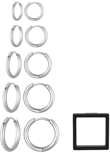 Ohrringe Set, 5 Paar Silber Ohrringe,Ohrringe Rund,Ohrringe für Mehrere Ohrlöcher,Exquisite Knorpel-Edelstahl-Creolen,Hypoallergen, 8/10/12/14/16 mm,Wird mit 1 Schmuckschatulle Geliefert