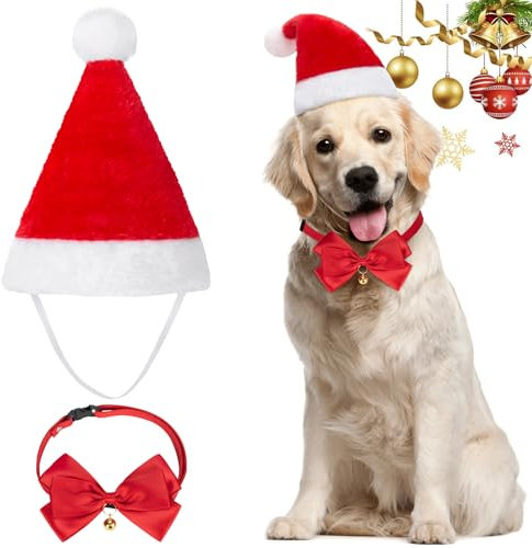 MELLIEX 2 Stück Weihnachten Hundekostüm, Hunde Katzen Weihnachtsmützen und Fliege Weihnachtskostüm Zubehör Set für Haustier