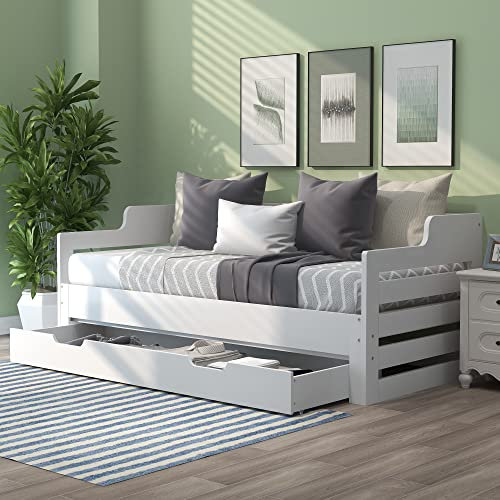 Jtyca 3FT Single Bed Turns into Double, Pull Out Sofa Bed Double with Trundle and Storage Drawer, Cabin Daybed for Living Room and Bedroom, 90 x190 CM - White (Not Mattress)